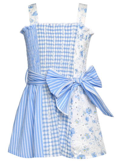 Little Girl’s Gingham Floral Cottage Core Dress  Square Neckline  Thick Vintage Floral Print Straps  Smocked Chest Area  Patchwork Mixed Media  Stripes, Gingham, Eyelet, and floral Patterns  Darling Statement Waist Bow Detail  Perfect Dress for Spring & Summer Events