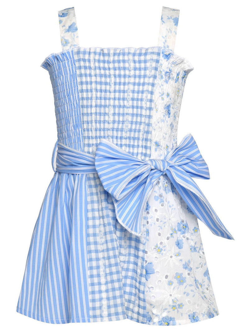 Little Girl’s Gingham Floral Cottage Core Dress  Square Neckline  Thick Vintage Floral Print Straps  Smocked Chest Area  Patchwork Mixed Media  Stripes, Gingham, Eyelet, and floral Patterns  Darling Statement Waist Bow Detail  Perfect Dress for Spring & Summer Events