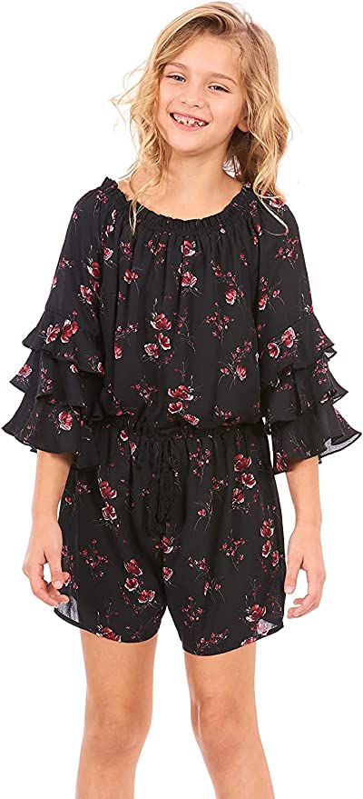 TRULY ME Big Girls Ruffle Sleeve Floral Print Romper  Ruffled Elastic Boat Neck (Can be work on of off the shoulder!)  3/4 Tiered Ruffle Sleeves  Burgundy, Pink, and White Floral Print  Drawstring Tassel Tie Waistline   The perfect romper for all seasons.
