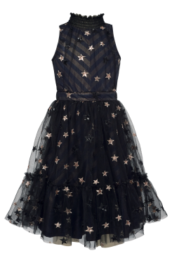 Little l Big Girls Sequin Star Mesh Halter Dress  Mock Smock Neck  Subtle Chevron Print   Sequin Stars All Over  Gathered Waist  Mesh  Ruffle Detail  The Perfect Party Dress or Halloween Dress for Wednesday Adams. 