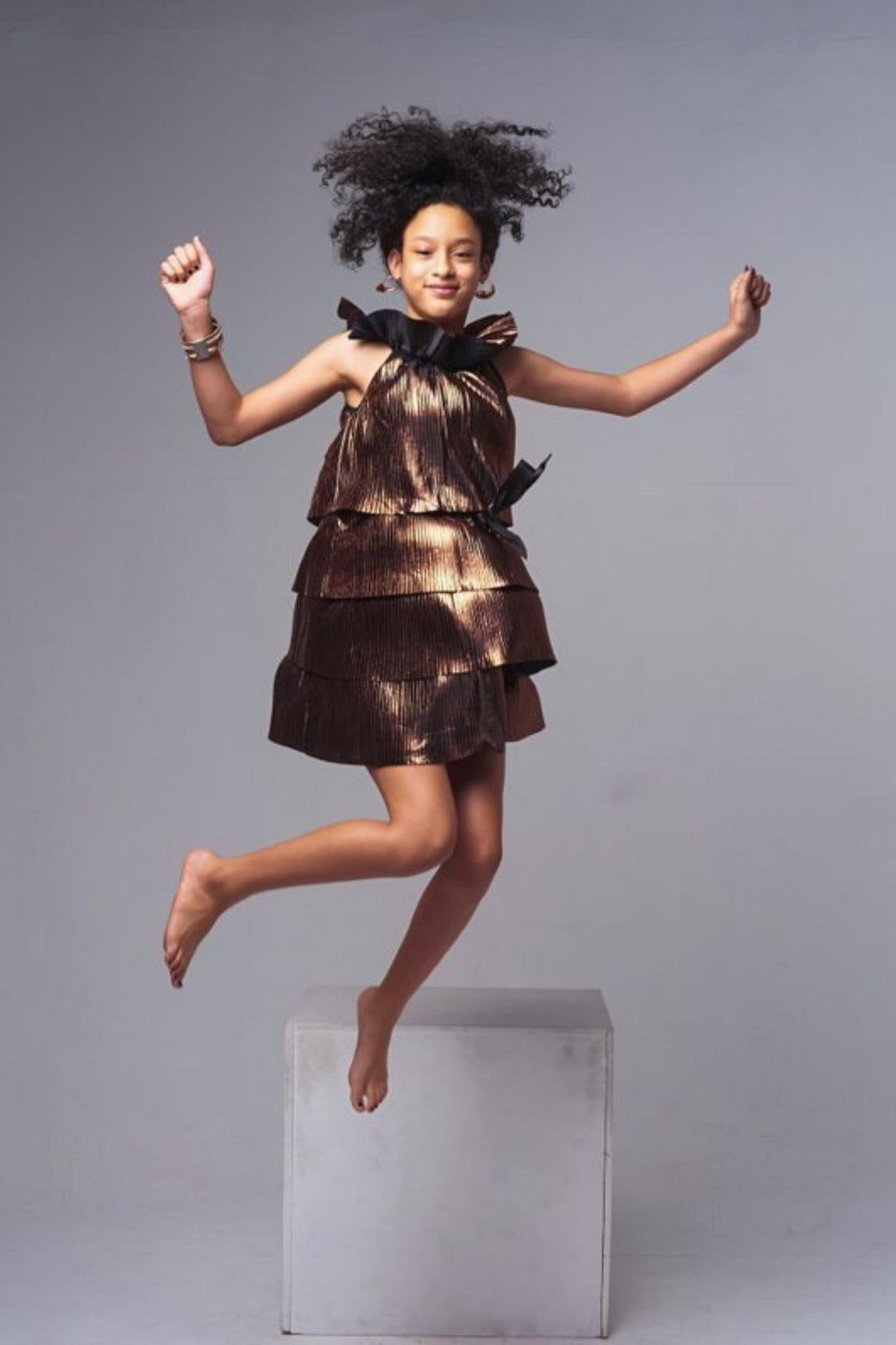 Girls Gold Metallic Pleated Party Dress