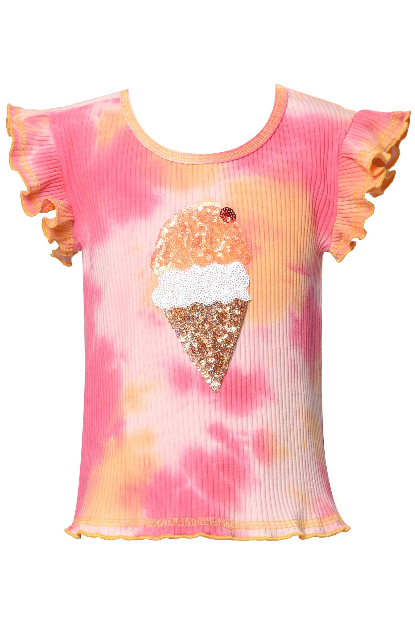 My Hannah Banana Little Girl’s Ruffle Tie Dye Sequin Ice Cream Top.    "You Scream, I Scream, We All Scream for Ice Cream" Ruffled Cap Sleeves   Round Neckline  Pastel Sherbet Tie Dye Ice Cream W/ Sequin Double Scoop Ice Cream  Ribbed Knit Material Lettuce Ruffle Details  Orange Exposed Contrast Stitching  Imported
