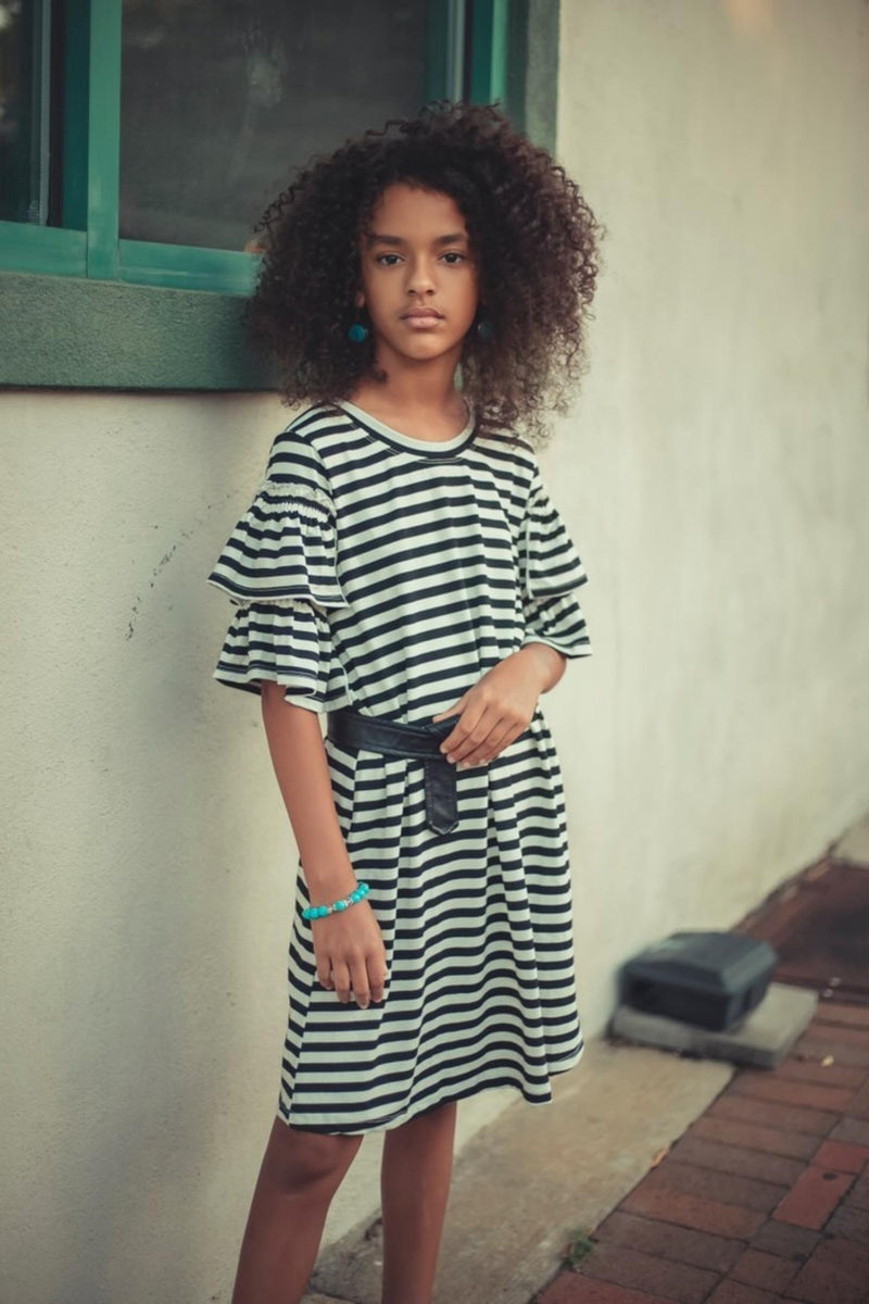 Big Girls Ruffle Short Sleeve Striped Knit Dress