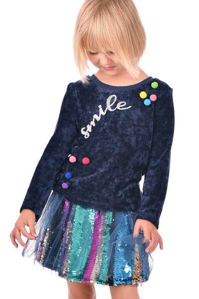 Little Girls Long Sleeve Top with Pom-Poms