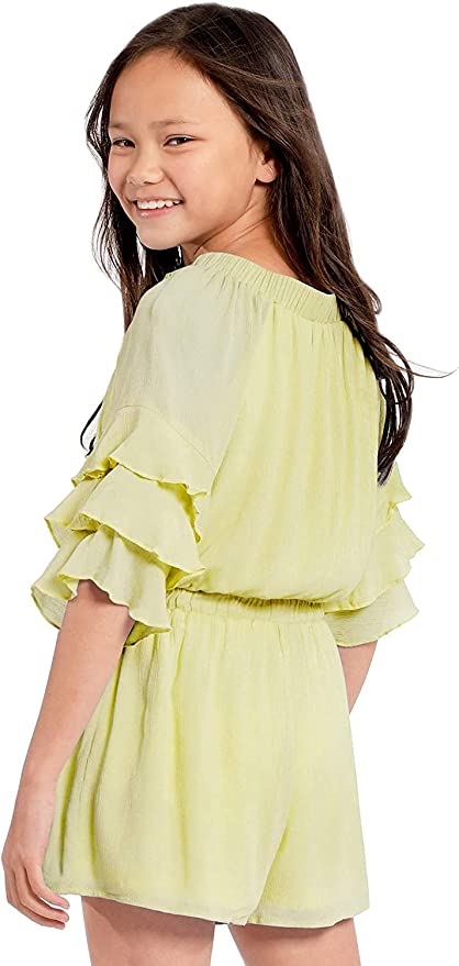 Big Girls Ruffle Sleeve Sage Green Romper  Ruffled Elastic Boat Neck (Can be work on of off the shoulder!)  3/4 Tiered Ruffle Sleeves  Drawstring Tassel Tie Waistline   The perfect romper for all seasons.   SELF: 100% Rayon, LINING: 100% Polyester  A versatile romper that can be worn on and off the shoulder. Made in high quality rayon gauze fabrication. Lining is a super soft lightweight knit.