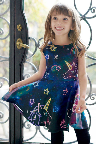 Girls Neon Unicorn Fantasy Skater Dress