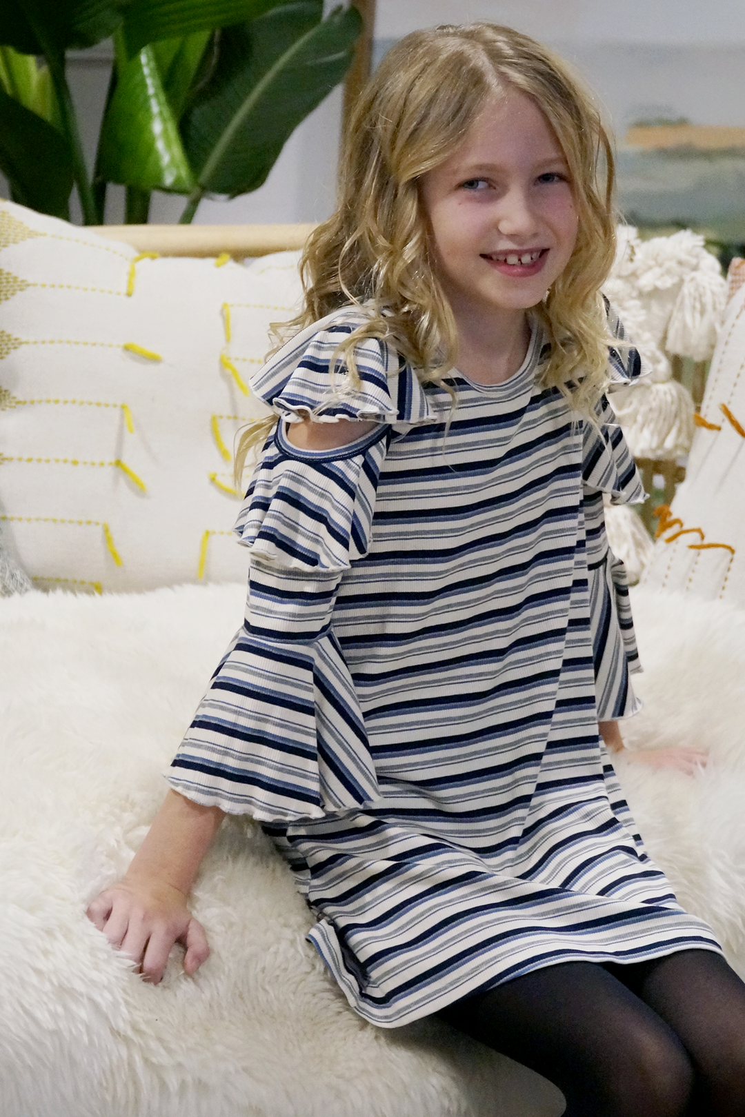 Big Girls Cold Shoulder Striped Ruffle Dress
