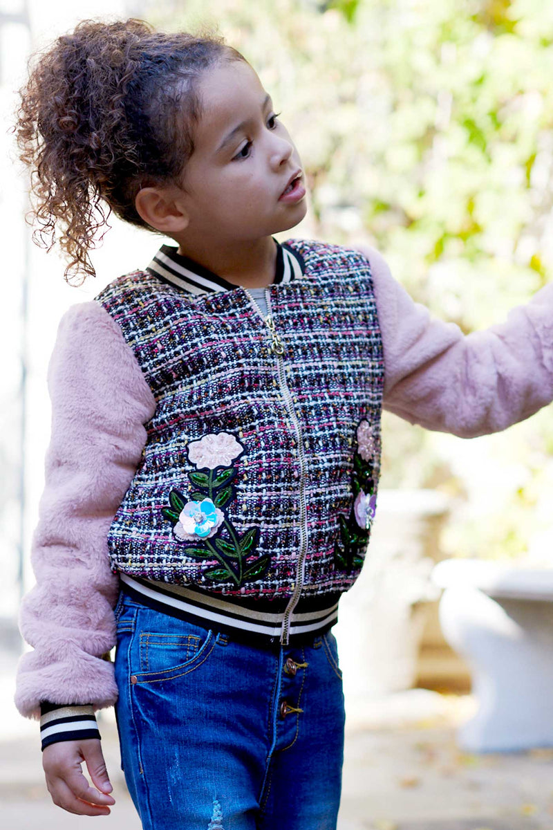 Girls Tweed Bomber Jacket With Fur Sleeves