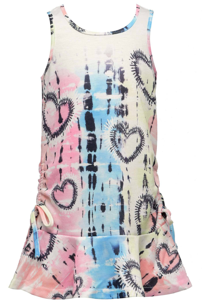 My Hannah banana Little Girl’s Heart Tie Dye Drop Waist Dress.  Round Neckline   Sleeveless   Pastel Pink, Blue, and Yellow Tie Dye Black Tiger Heart Tie Dye Print Ruched Drawstring Sides Ruffled Dropped Waistline  The Perfect Dress For The Beach/Vacation.   Imported 