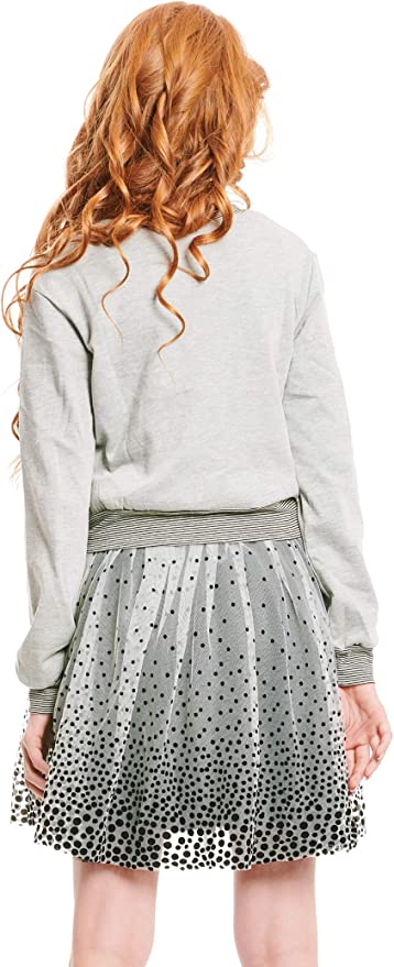 Big Girls Bow Polka Dot Twofer Dress  Rounded/Semi Boat Neckline  Long Sleeves  Stripe Contrast Trim on Neck, Cuffs, and Hem  Bow Rhinestone Graphic Print on Chest  Color Block Gradient Polka Dot  Lined Interior Skirt  A Perfect Everyday Dress or Semi Dressy.   