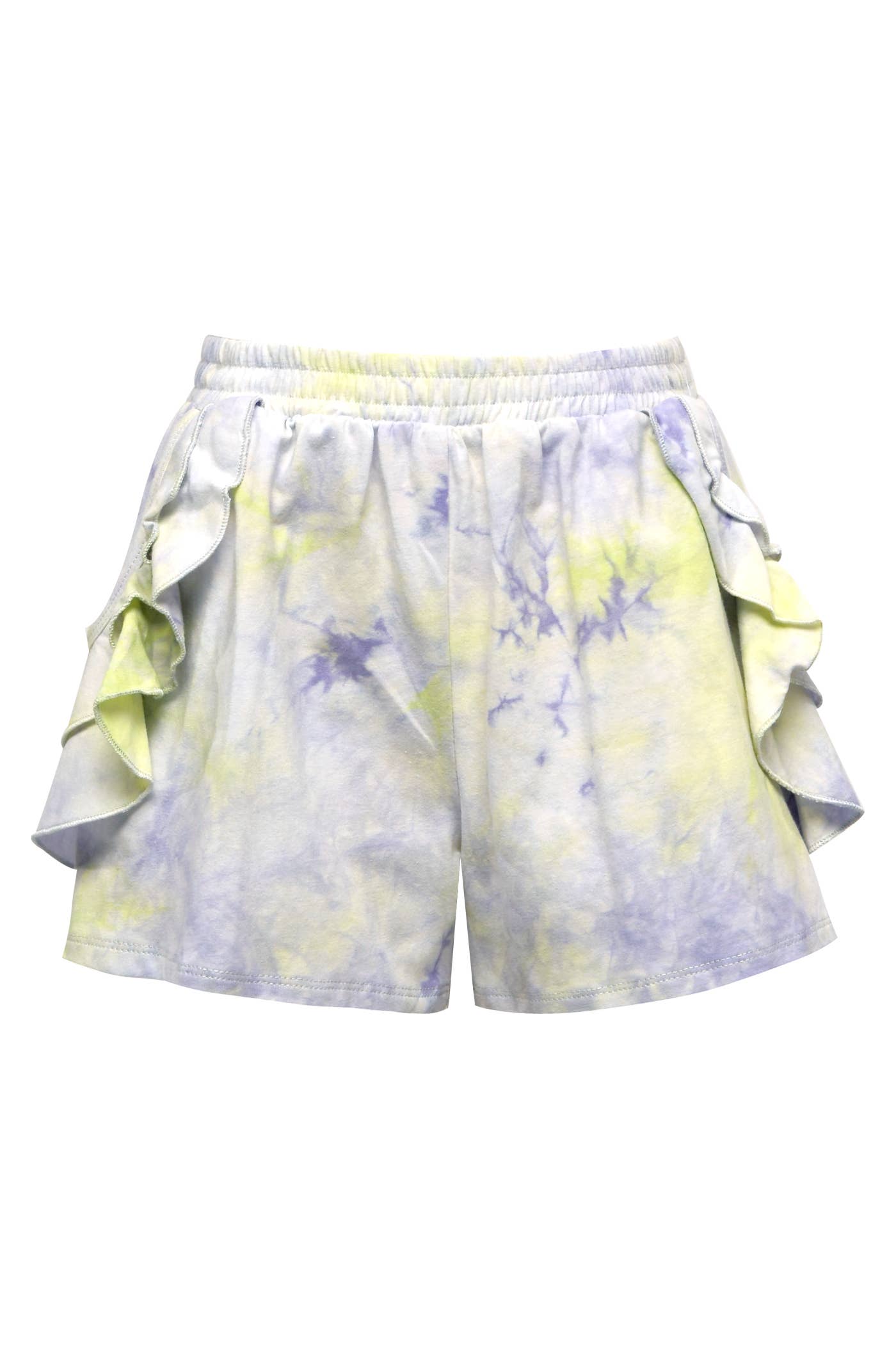 My hannah banana Girl’s Tie Dye Print Ruffled Pocket Shorts.  Elastic Waistband Double Tiered Ruffled Details   Tie Dye Marbled Look  Relaxed Loose Fit  Sport, Chic, and Composed for An Athleisure Look  Imported 