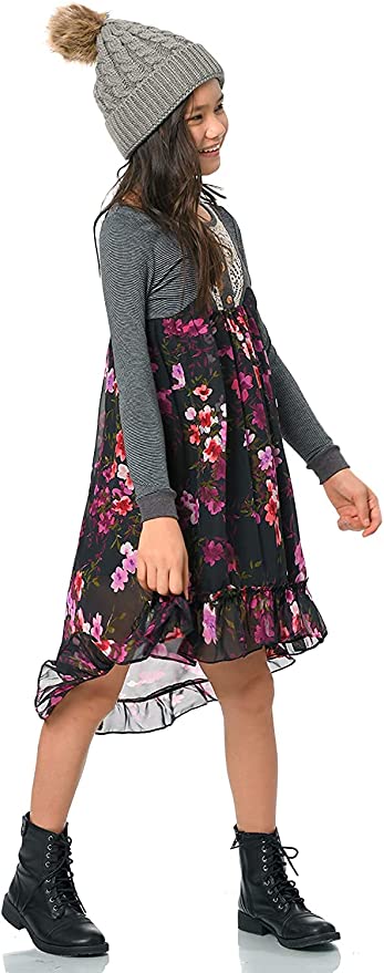 Truly Me Big Girls Lace Bib Ruffled Floral Hi-Lo Dress  Round Scooped Neckline  Lace Bib Chest With 3 Buttons  Empire Waistline  Large Floral Print  Lettuce Ruffle Lower Skirt   Lined Skirt Portion  100% Polyester  Imported