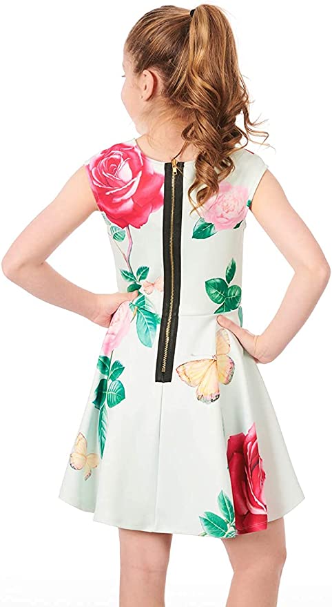 Round Neckline   Short Cap Sleeves  Large Butterfly Rose Floral Print  Back Exposed Zipper   Just Darling for a Tea Party Dress  SELF: 95% Polyester / 5% Spandex  Sleeveless skater dress in high quality scuba.  One-of-a-kind artwork with floral and butterfly graphics done with sublimation printing.  Intricate stonework.