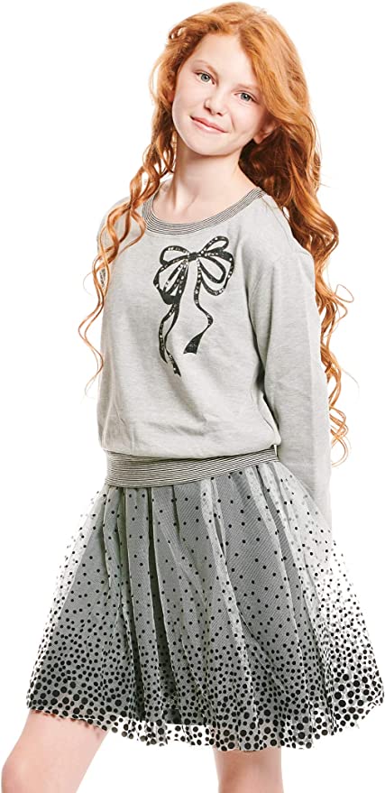 Big Girls Bow Polka Dot Twofer Dress  Rounded/Semi Boat Neckline  Long Sleeves  Stripe Contrast Trim on Neck, Cuffs, and Hem  Bow Rhinestone Graphic Print on Chest  Color Block Gradient Polka Dot  Lined Interior Skirt  A Perfect Everyday Dress or Semi Dressy.   