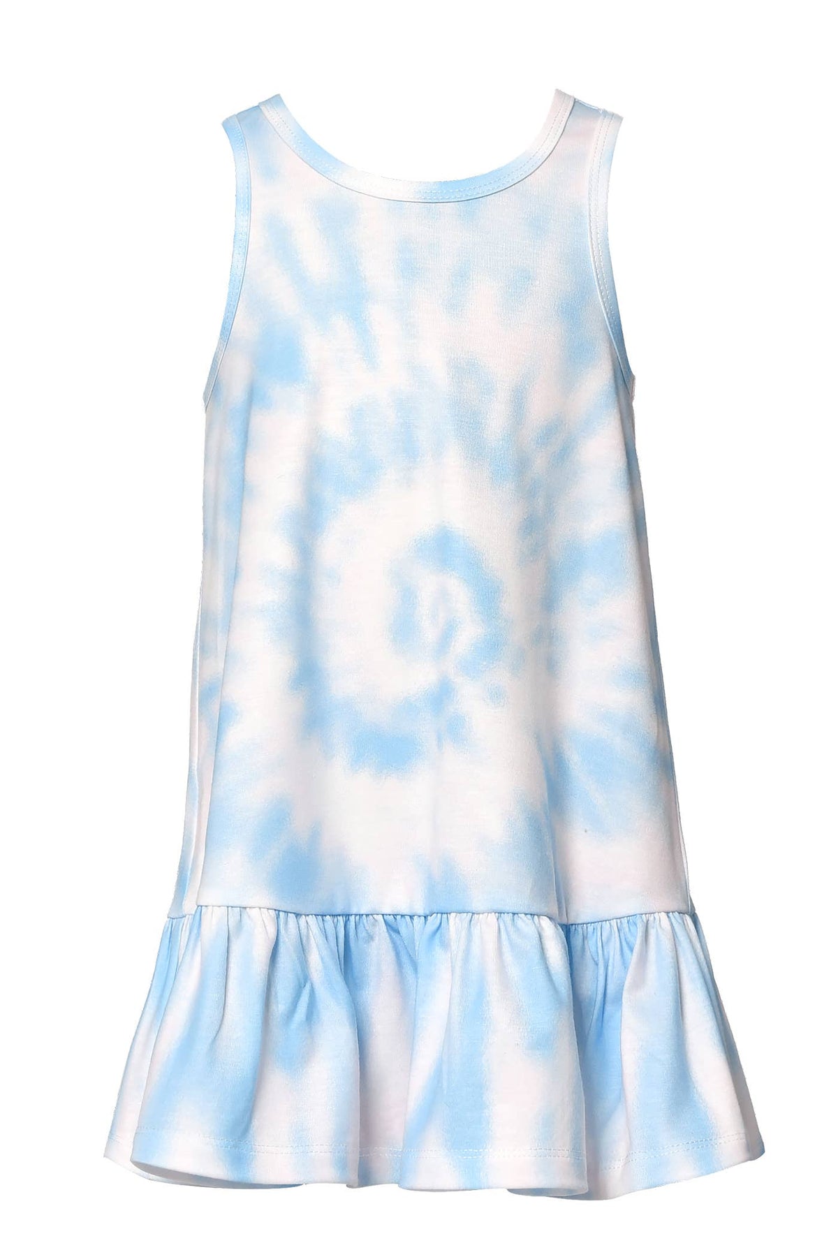 Little Girl’s Drop Waistline Tie-Dye Tank Dress. Round Neckline & Sleeveless  Cloud-Like Spiral Tie Dye  Dropped Waistline  Ruffled Bottom  Imported