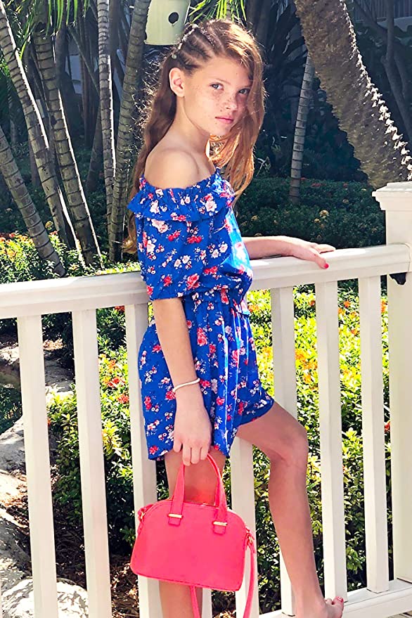 Big Girl’s Ruffle Vintage Floral Print Romper  Elastic Boat Neck With Ruffle Trim Or Off The Shoulder  Short Puff Sleeve   Elastic Waistline With Ruffle  Detail  Vintage Retro Rose Floral Print  Truly Me designer and fashion forward little and big girls&