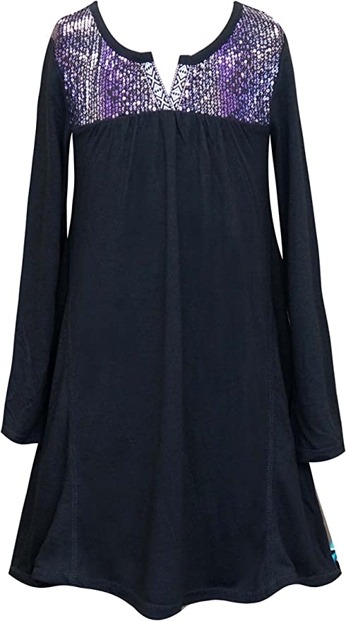 Little Girls I Tween Sequin Tunic Dress  Round Neckline   Mini V Neckline W/ Boho Ribbon  Sequin Bib Upper Chest  Long Sleeves  Loose Tunic Fit For Comfort  Asymmetric Cut  Truly Me, is for the girl who is crafty and well put-together. Her wardrobe offers affordable casual to semi-dressy options that are easily dressed UP or DOWN. Designs are smart and charming.