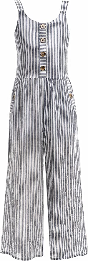 Little Girls Boho Striped Straight Leg Jumpsuit  Rounded/ Scoop Neckline  Sleeveless  Tortoise Shell Accent Buttons  Functional Pockets  Straight Leg   A Great jumpsuit for All Seasons: Spring, Summer, Fall, and Winter.  The Perfect Jumpsuit to wear as is or layer up for colder seasons. 