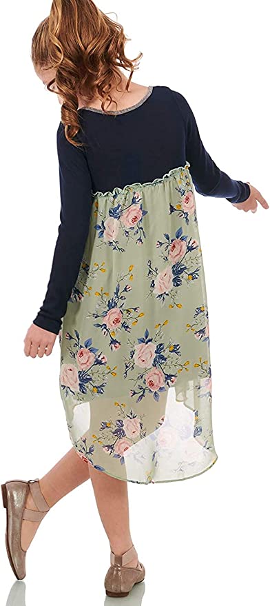 Truly Me Big Girls Boho Chic Floral High Low Dress  Scoop Round Neckline With Contrast Trim  Center Chest Lace Crochet Trim  Lettuce Ruffle Empire Waist  Pink, Blue and Mustard Yellow Floral Print   Navy Upper & Dusty Green Lower Dress  High Low Detail  Lined Skirt Portion  100% Polyester  Hand Wash Only