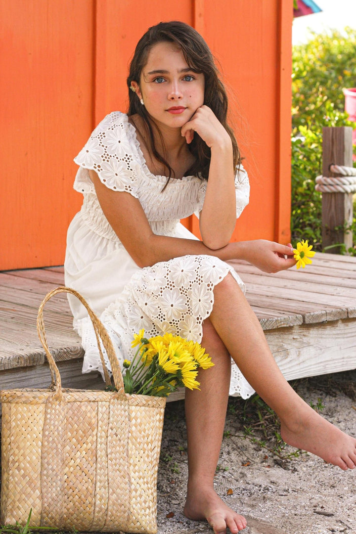 Eyelet Lace Ruffled Smocked Top High Low Dress