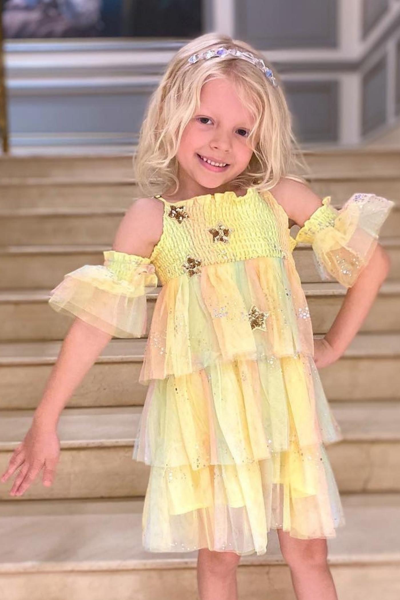 Pastel Tiered Mesh Dress W/Star Trim Detail