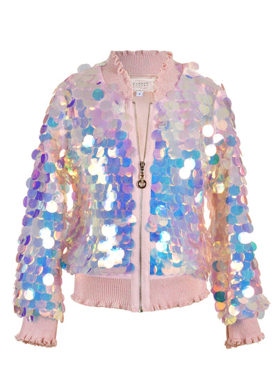 My Hannah Banana Girl’s Mermaid Scales Holographic Sequin Bomber Jacket. Lettuce Ruffle Neckline  Golden Zipper Detail Statement Mermaid Scales Iridescent Sequins  Fully Lined Frilled Neckline, Cuffs, and Waistline   Imported