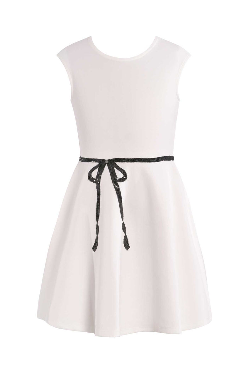 Hannah Banana fit and flare skater dress with sequin bow trim at the waist