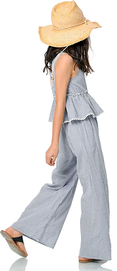 Little Girls Boho Striped Straight Leg Jumpsuit  Rounded/ Scoop Neckline  Sleeveless   Pinstripe All Over Print  Lettuce Ruffle Empire Waist  Scallop Crochet Off White Trim on Neckline & Ruffles  Wide Straight Leg  A Great jumpsuit for All Seasons: Spring, Summer, Fall, and Winter.  The Perfect Jumpsuit to wear as is or layer up for colder seasons. 