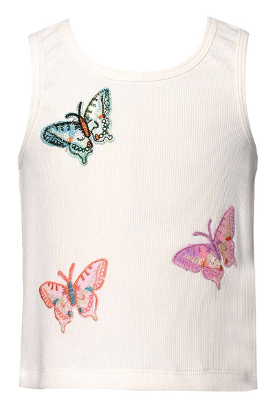 My Hannah Banana Round Neckline  Sleeveless  Butterfly Graphic Print All Over Super Spring & Summer Ready A Basic That’s Not So Basic!  Imported  Little Girl’s Ribbed Knit Butterfly Tank Top