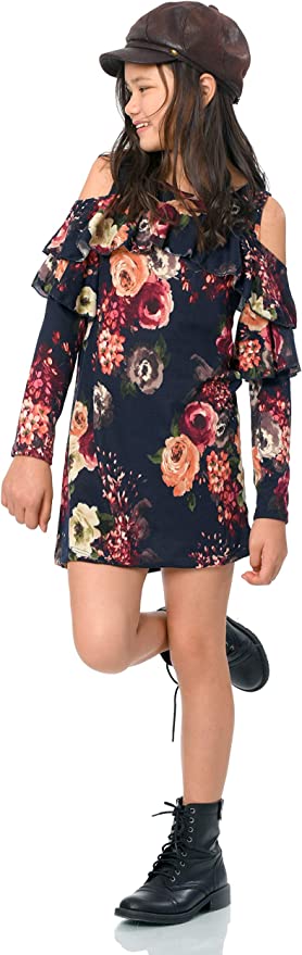 Big Girls Long Sleeve Cold Shoulder Floral Ruffle Dress Round neckline, easy pullover design Casual long sleeves with cold shoulder ruffle details Gorgeous vintage big rosette floral printed fabrication Right above the knee length Imported SELF: 100% Polyester, LINING: 97% Polyester, 3% Spandex Crinkled chiffon fabric with floral print and mettalic diamond shaped embellishing. Includes removable plaid collar with intricate stone work.