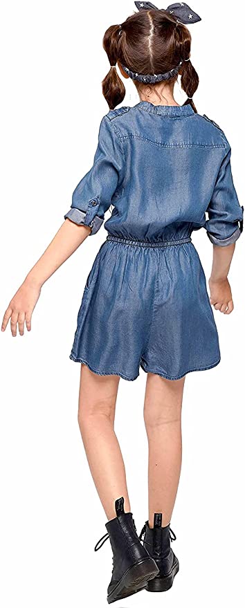 TRULY ME Big Girls Denim Long Sleeve Romper  Mandarin Collar V Neckline  Button Details Down Front Torso  Long Sleeves That Can Be Rolled Up  Elastic Waistline  Perfect Material for all Seasons: Spring,Summer,Fall, and Winter Romper.  50% Cotton / 50% Lyocell  Long sleeve chambray denim romper with many intricate details. Fabric is a super soft, cooling, and high quality woven.