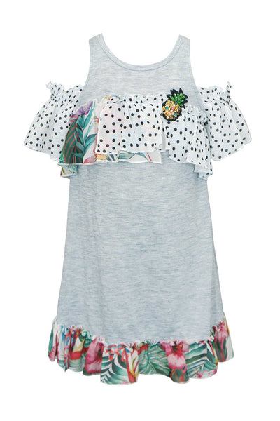 Girls Tropical Print Cold Shoulder Jersey Dress