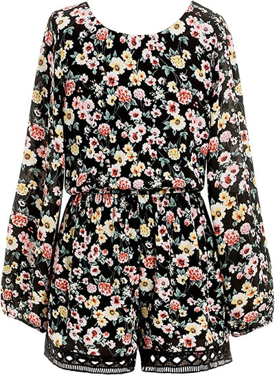 Big Girls Boho Chic Floral Print Romper  Round Neckline  Long Sleeves  Elastic Waistline  Darling Busy Retro Vintage Floral Print  Diamond Striped Embroidered Trim On Short Portions  Back Button Closure  100% Polyester  SELF: 100% Polyester / LINING: 100% Polyester  Adorable and easy long sleeve romper with lattice lace detail at short hems.