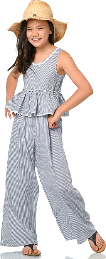 Little Girls Boho Striped Straight Leg Jumpsuit  Rounded/ Scoop Neckline  Sleeveless   Pinstripe All Over Print  Lettuce Ruffle Empire Waist  Scallop Crochet Off White Trim on Neckline & Ruffles  Wide Straight Leg  A Great jumpsuit for All Seasons: Spring, Summer, Fall, and Winter.  The Perfect Jumpsuit to wear as is or layer up for colder seasons. 