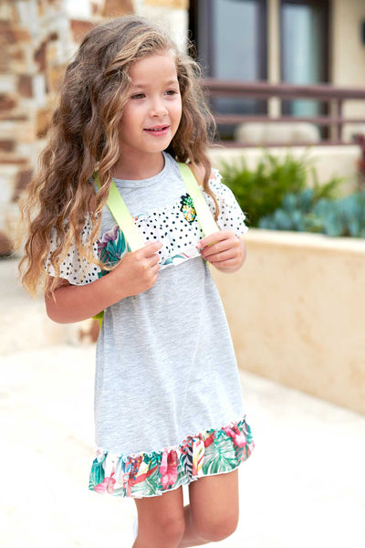 Girls Tropical Print Cold Shoulder Jersey Dress