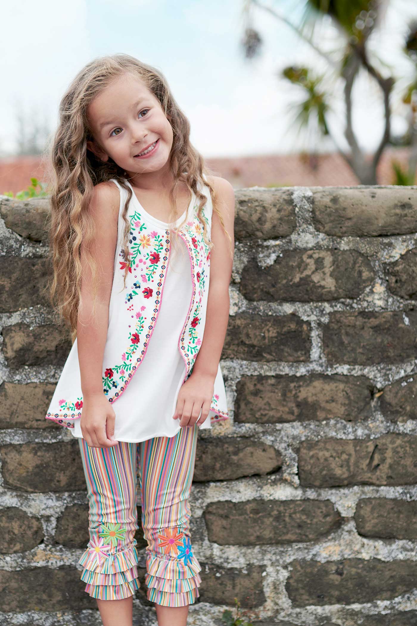 Girls Striped Ruffle Capri Leggings