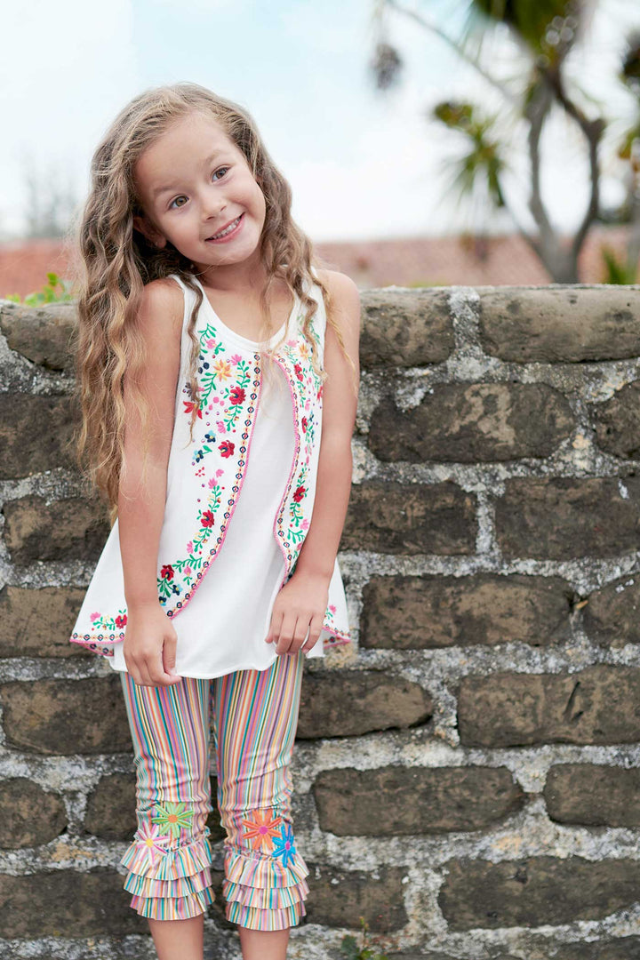 Girls Striped Ruffle Capri Leggings