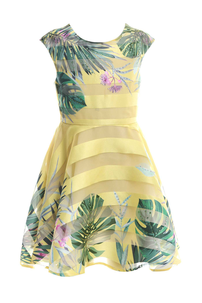 Girls Tropical Striped Fit and Flare Dress
