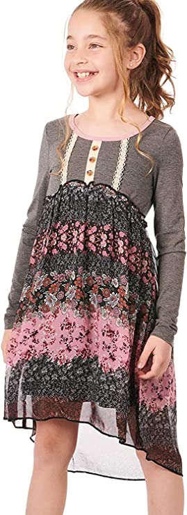 Big Girls Mixed Media Floral Print Dress  Round Scoop Neckline With Pink Contrast Trim  Lace Crochet Trim & 3 Tortoise Shell Buttons   Lettuce Ruffle Empire Waistline  Striped Neutral Floral Bohemian Print  High Low Above The Knee Dress  Lined Skirt Portion   100% Polyester