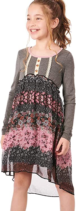 Big Girls Mixed Media Floral Print Dress  Round Scoop Neckline With Pink Contrast Trim  Lace Crochet Trim & 3 Tortoise Shell Buttons   Lettuce Ruffle Empire Waistline  Striped Neutral Floral Bohemian Print  High Low Above The Knee Dress  Lined Skirt Portion   100% Polyester