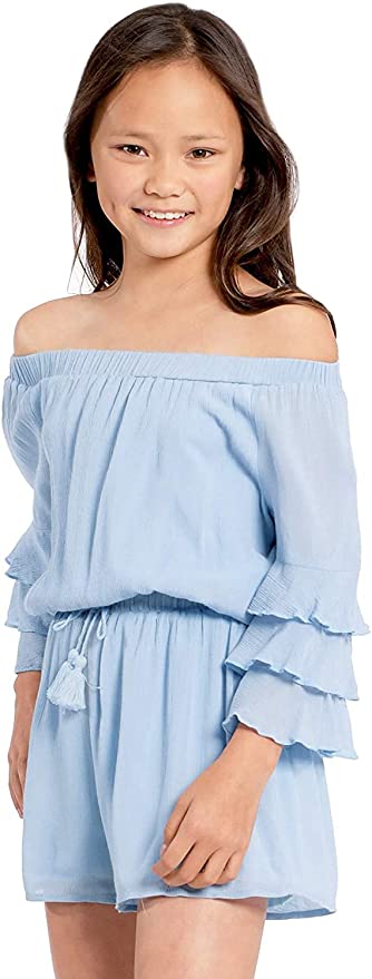 Big Girls Ruffle Sleeve Baby Blue Romper  Ruffled Elastic Boat Neck (Can be work on of off the shoulder!)  3/4 Tiered Ruffle Sleeves  Drawstring Tassel Tie Waistline   The perfect romper for all seasons.  SELF: 100% Rayon, LINING: 100% Polyester  Rayon gauze fabrication with soft hand-feel.