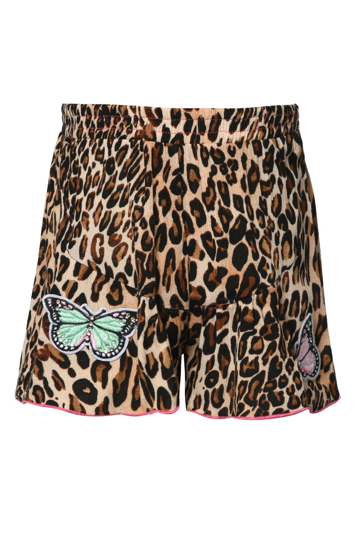 My Hannah Banana Little Girl’s Animal Print Butterfly Graphic Shorts.  Elastic Waistline   Hot Pink Contrast Threading  Leopard Cheetah Animal Print  Colorful Butterfly Graphic Print   A Fun Tropical Sporty Look! Imported