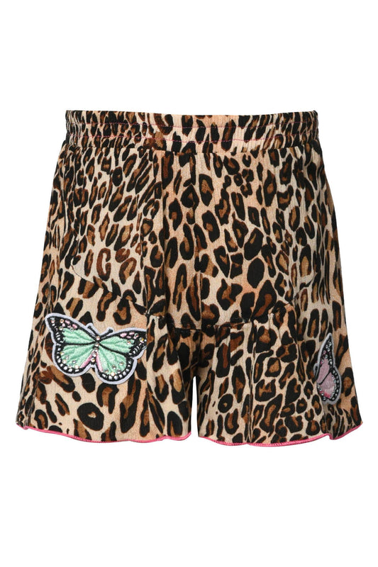My Hannah Banana Little Girl’s Animal Print Butterfly Graphic Shorts.  Elastic Waistline   Hot Pink Contrast Threading  Leopard Cheetah Animal Print  Colorful Butterfly Graphic Print   A Fun Tropical Sporty Look! Imported