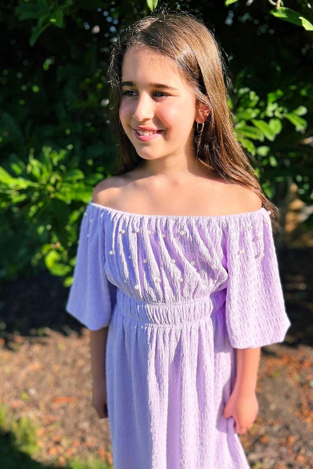 Girl’s Pearl Puff Sleeve Off The Shoulder Doll Dress