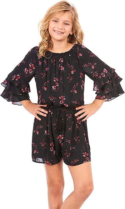 TRULY ME Big Girls Ruffle Sleeve Floral Print Romper  Ruffled Elastic Boat Neck (Can be work on of off the shoulder!)  3/4 Tiered Ruffle Sleeves  Burgundy, Pink, and White Floral Print  Drawstring Tassel Tie Waistline   The perfect romper for all seasons.