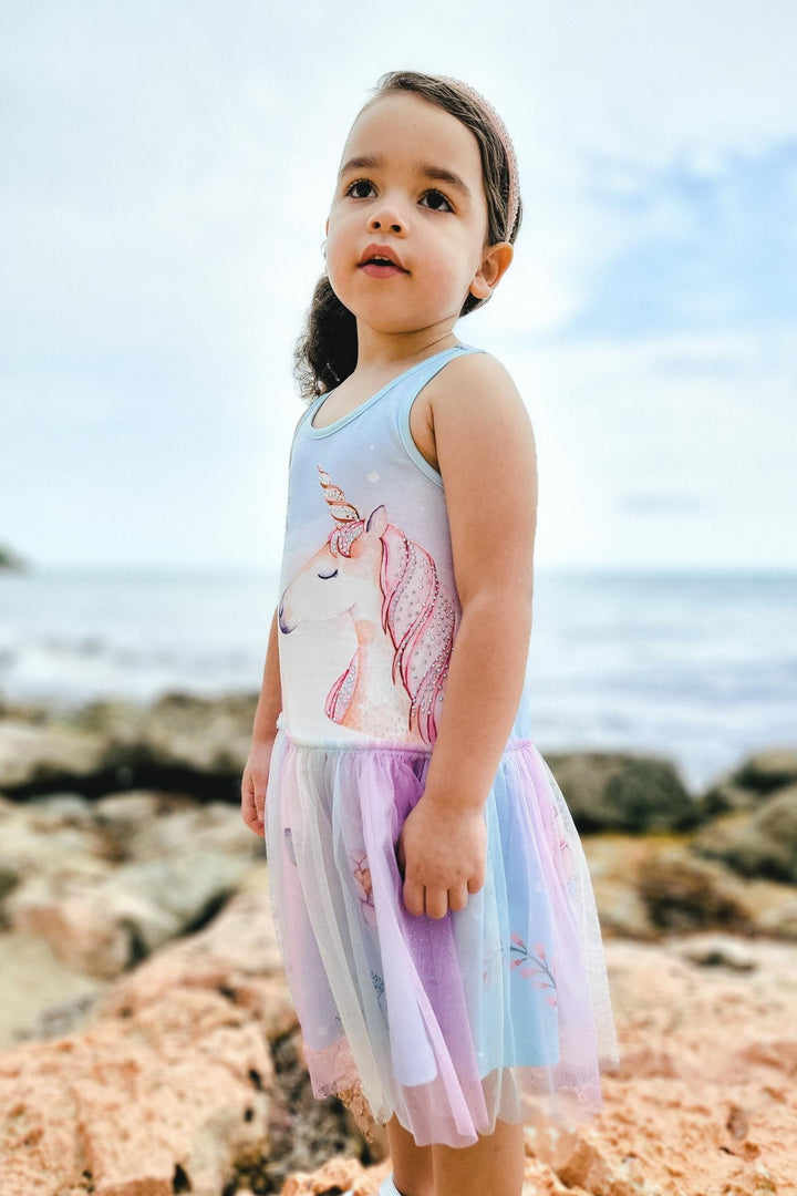Little Girl’s Drop Waist Unicorn Print Tutu Dress