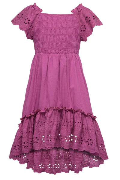 Beautiful Statement Maker Purple Dress  Floral Eyelet Lace Ruffled Sleeves & Lower Trim  Smocked Chest & Back  High-Low Detail   Lettuce Ruffled Detail  Eyelet Lace Ruffled Smocked Top High Low Dress MY HANNAH BANANA TRULY ME TOO