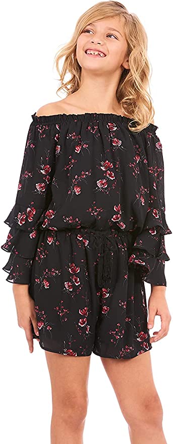 TRULY ME Big Girls Ruffle Sleeve Floral Print Romper  Ruffled Elastic Boat Neck (Can be work on of off the shoulder!)  3/4 Tiered Ruffle Sleeves  Burgundy, Pink, and White Floral Print  Drawstring Tassel Tie Waistline   The perfect romper for all seasons.