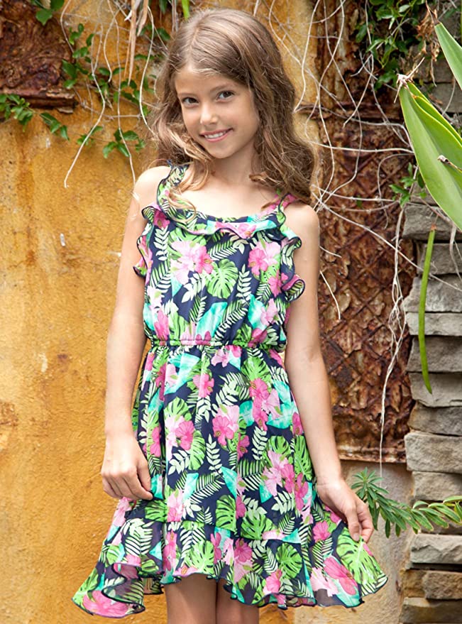 Little Girls Tropical Floral Ruffled Dress  Scoop Ruffled Neckline   Sleeveless   Elastic Gathered Waist  Vibrant Tropical Leaf & Floral Print   Above The Knee Length & Ruffled Trim   The Perfect Dress for Beach Trips, Vacations, and Summer. 