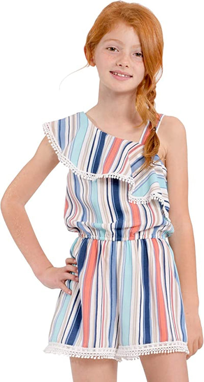 Big Girls Asymmetric Stripe One Shoulder Romper   Ruffle Asymmetric One Shoulder & Strap  Lace Crochet Trim  Elastic Waistline  Vibrant Color Block Stripes:  Navy,Baby Blue, Peachy Coral, Off White, and Tan   A Darling Romper For A Summer Vacation or Beach Outing.   Truly Me designer and fashion forward little and big girls' rompers created with your little girl in mind.  All rompers designed to be on trend so she can be her best and most confident in the latest styles. 